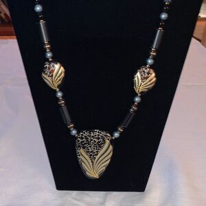 Vintage Japan Bead Necklace Black and gold Oriental Beads Hand Painted